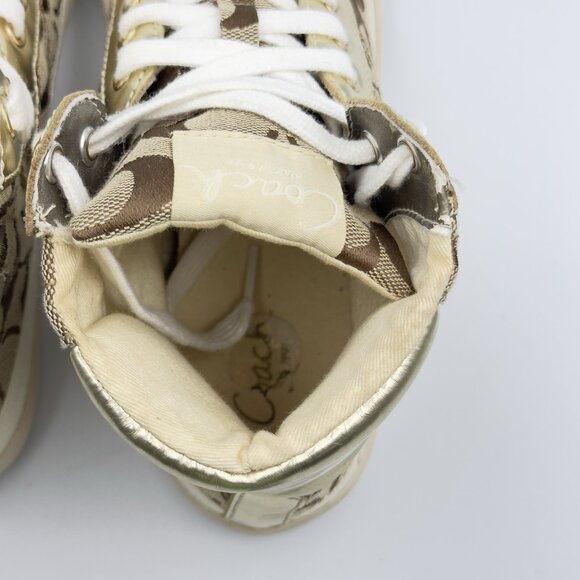 Coach Women's 8 Gold Signature C Logo Monogram High Top Canvas Sneakers - Picture 6 of 13